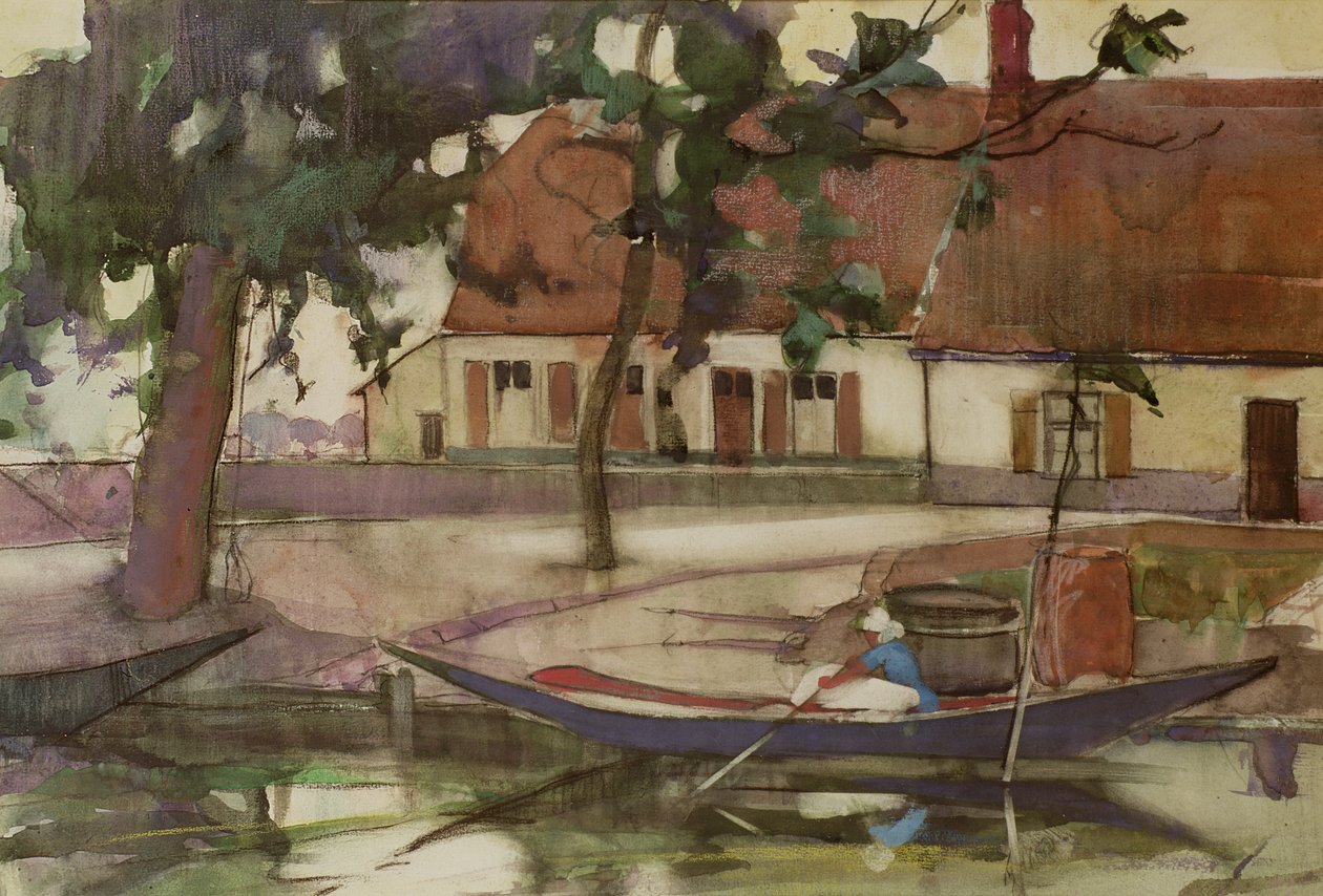 Boat on a Canal, French Village by Anne Redpath
