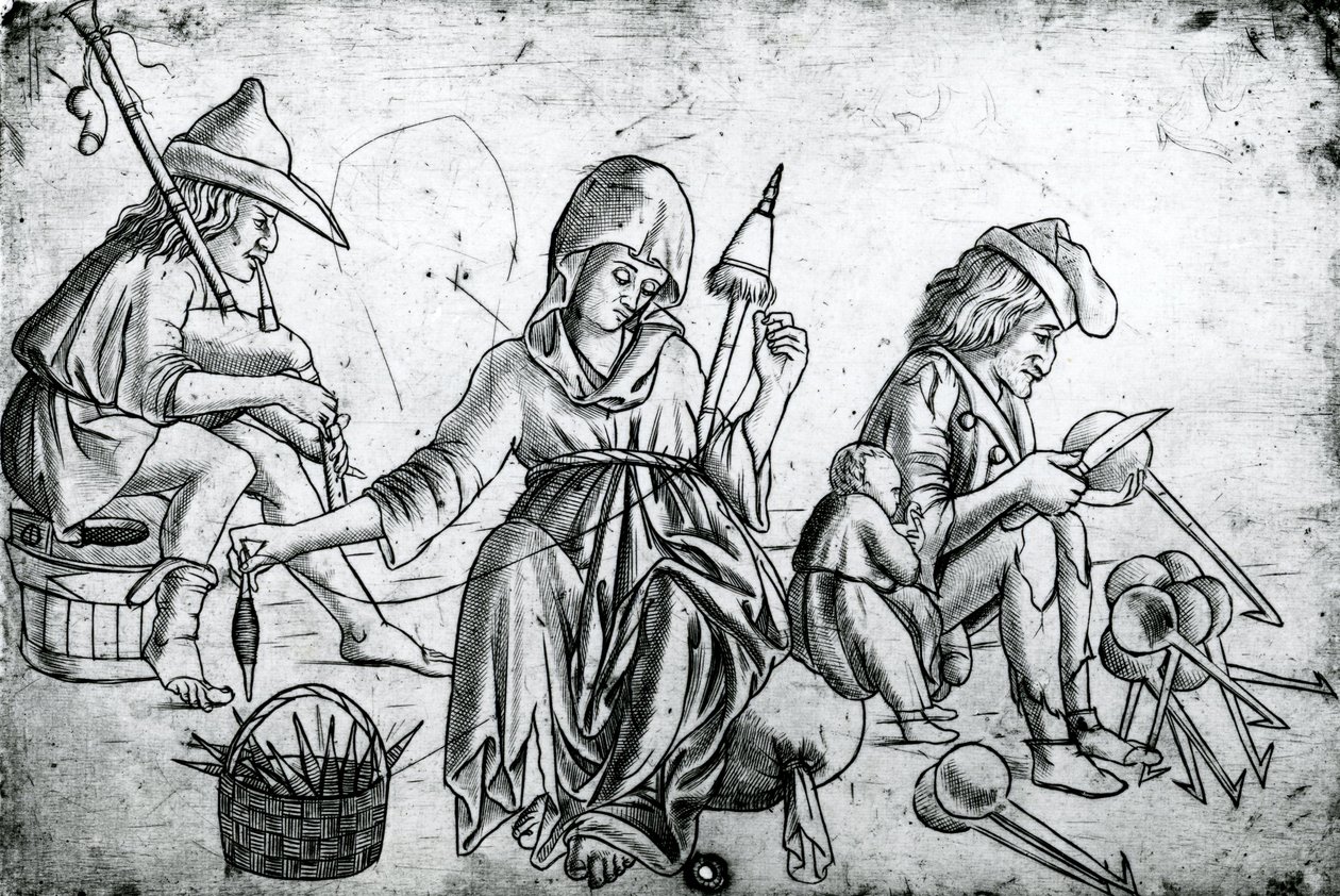 Scene with a musician playing the bagpipes, a woman spinning and a man carving spoons by Unbekannt Unbekannt