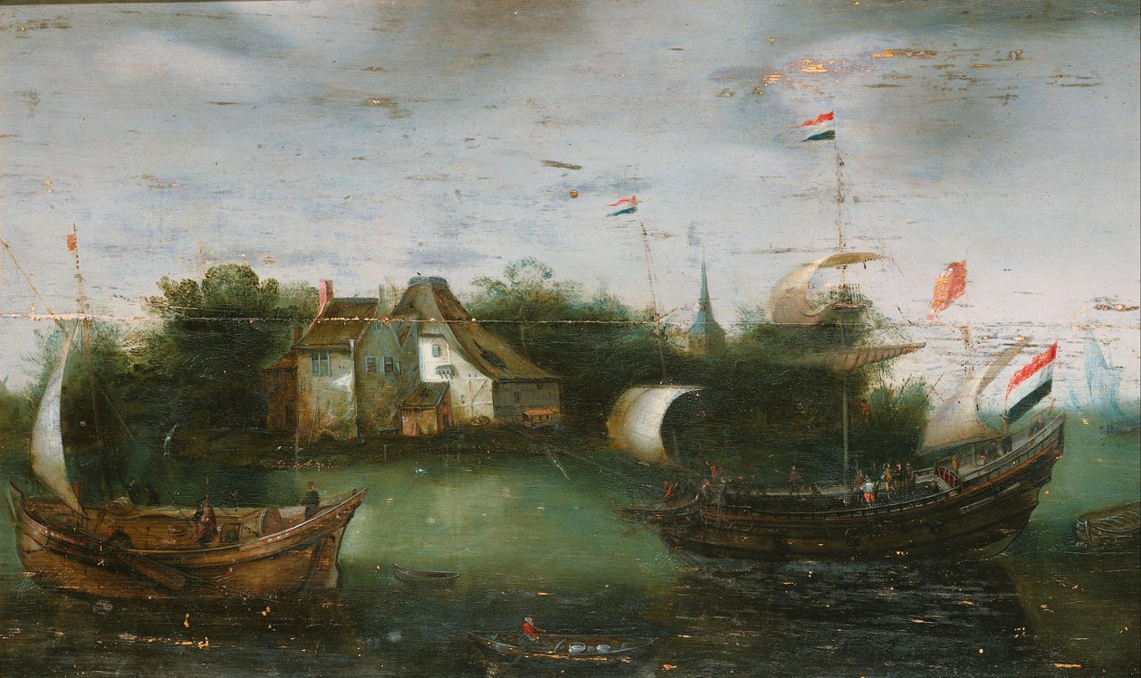 A Ship Sailing on an Inland Waterway by Anonymous