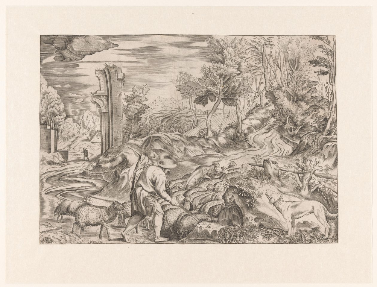 Shepherd with Flock of Sheep by Anonymous