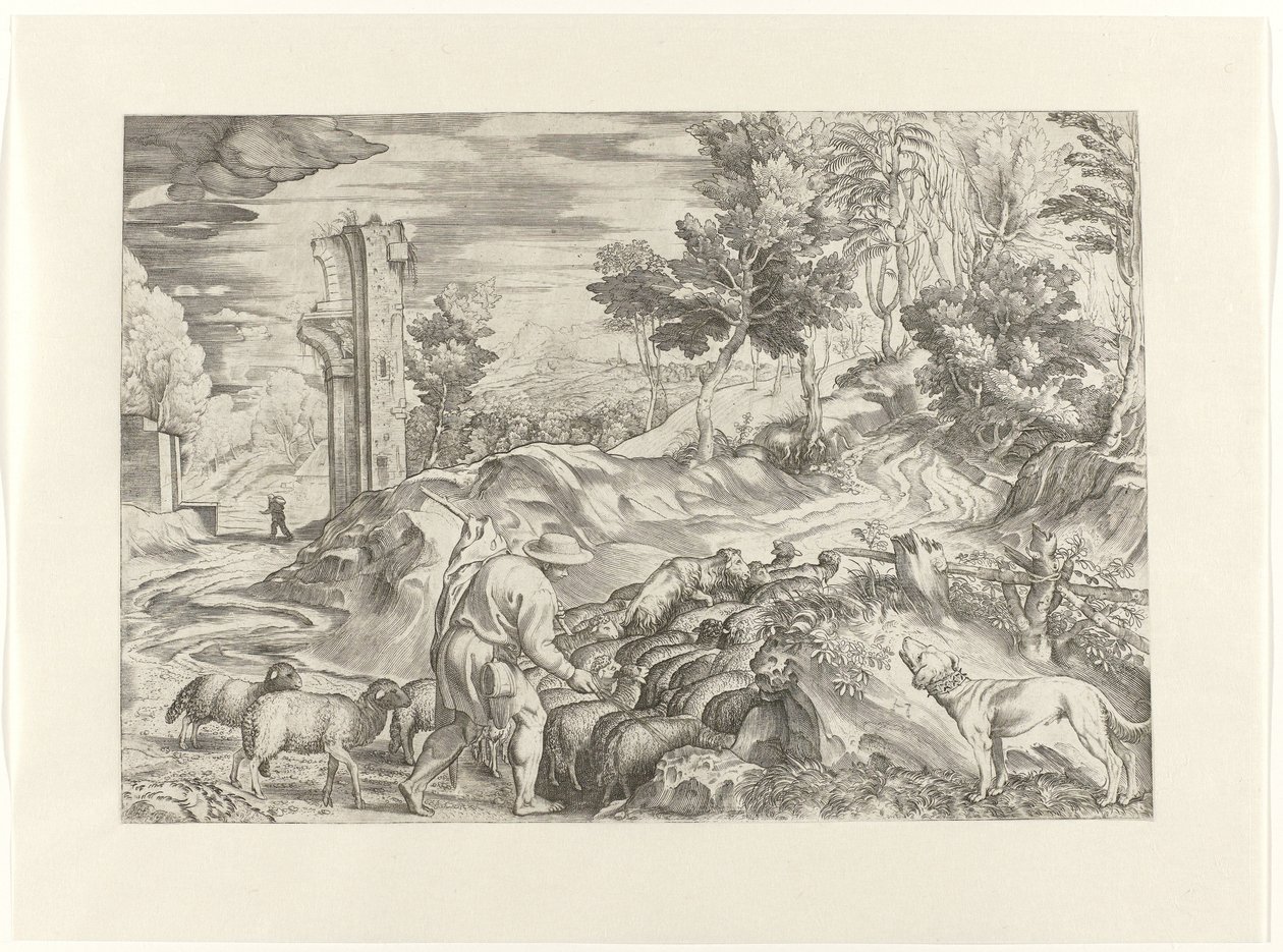Shepherd with Flock of Sheep by Anonymous