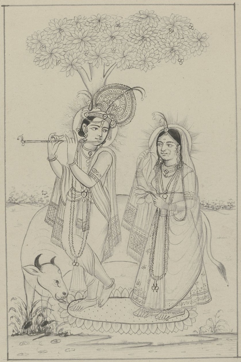 Krishna Playing a Flute with Radha by Anonymous