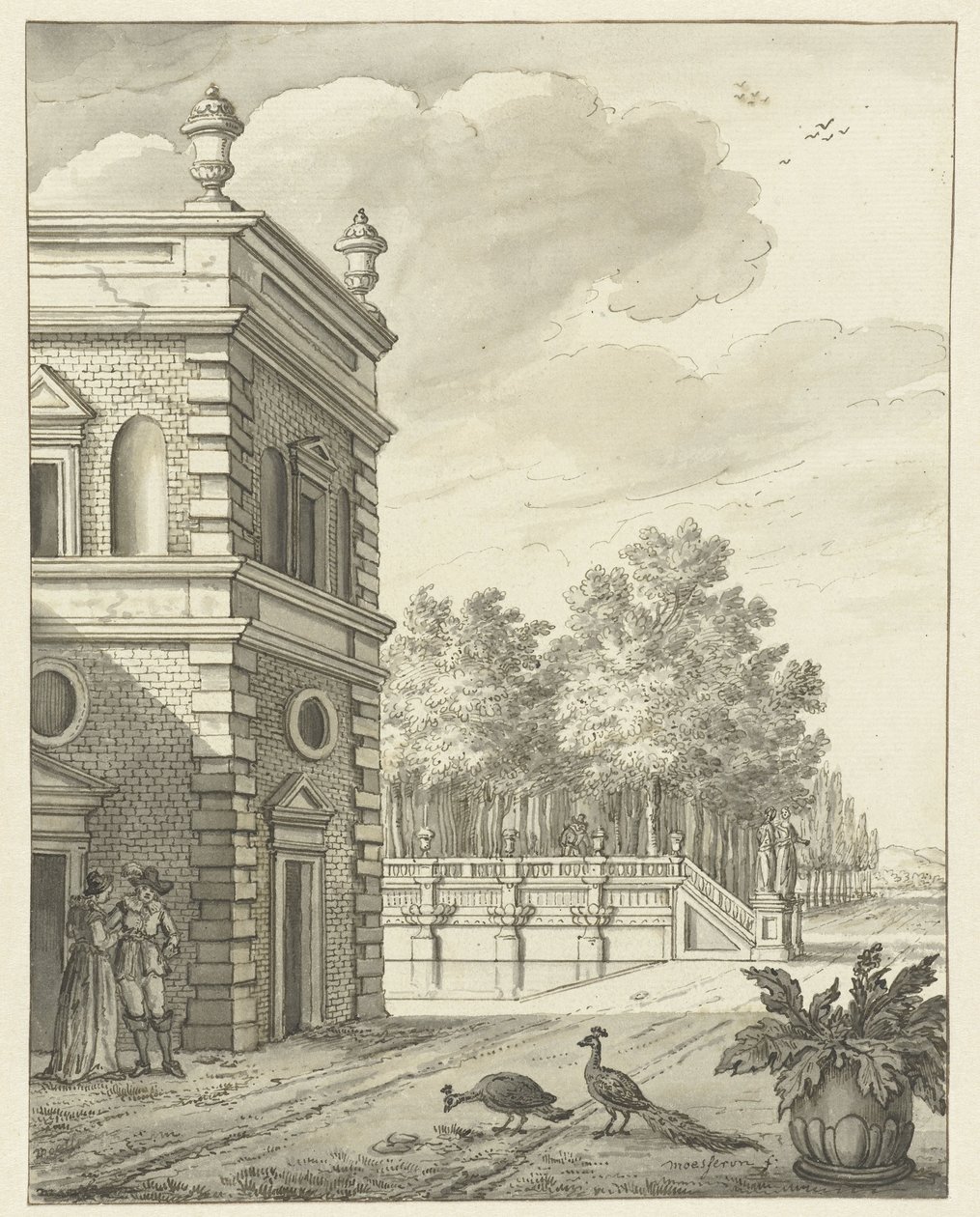 Country House with Pond and Two Peacocks by Anonymous