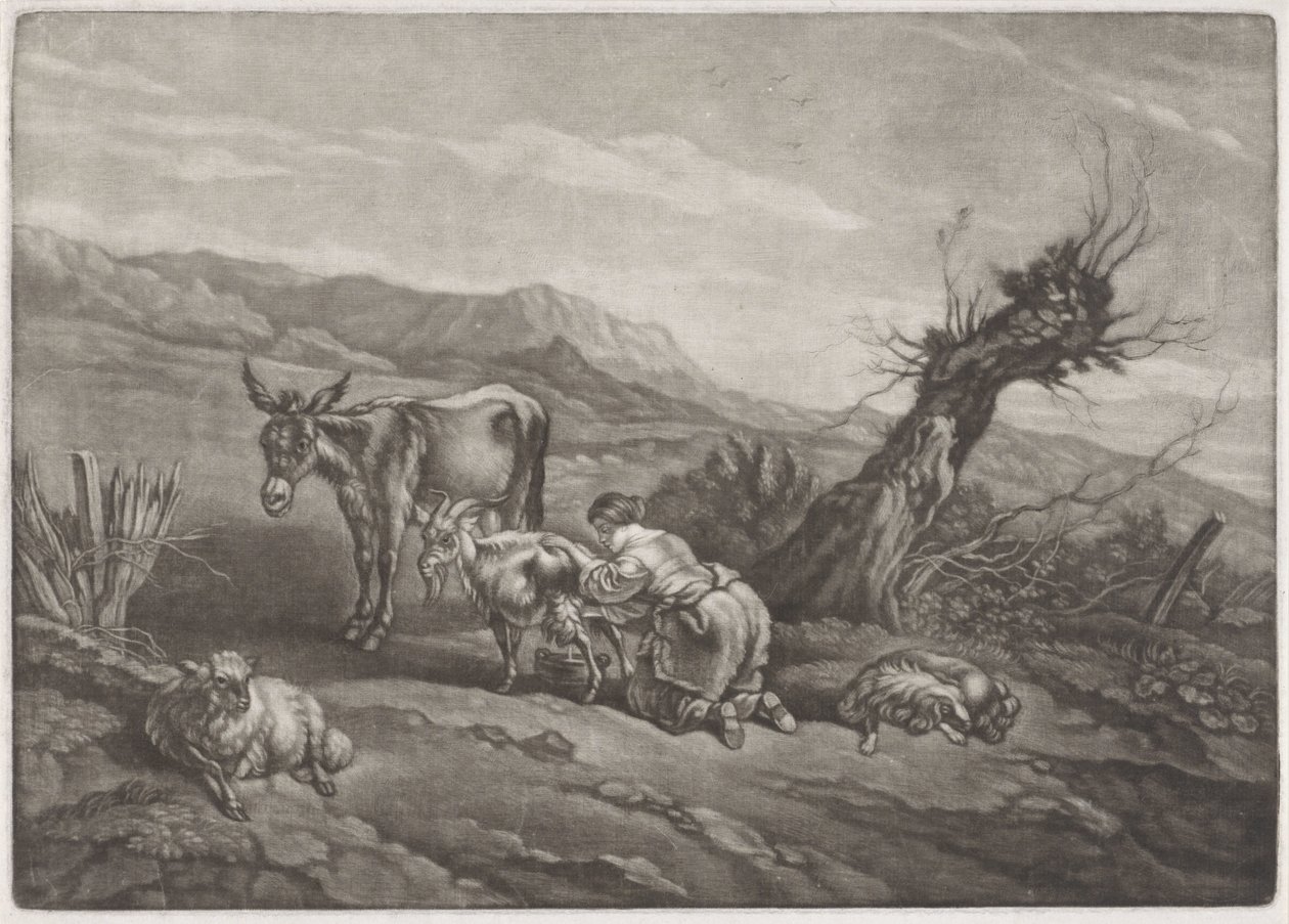 Landscape with a Shepherdess Milking a Goat by Anonymous