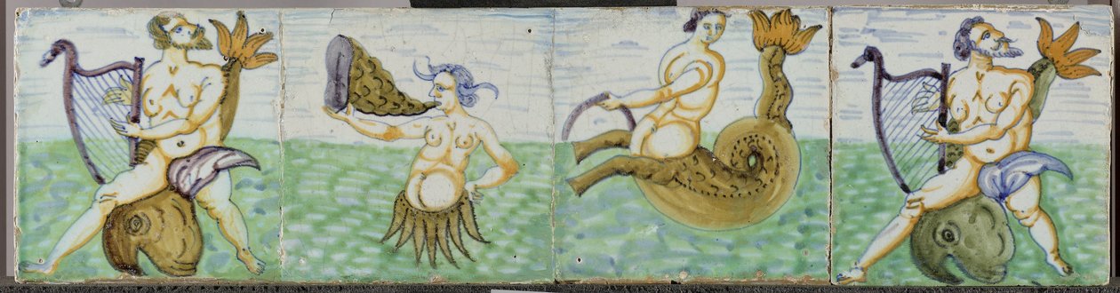 Field of Four Tiles with Sea Creatures by Anonymous