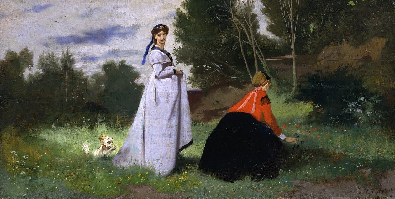 Two ladies in a landscape by Anselm Feuerbach