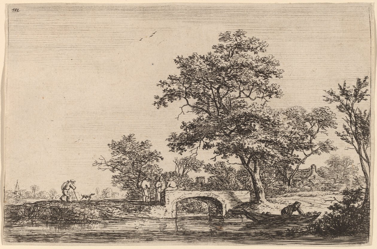 Four Men on a Stone Bridge by Anthonie Waterloo