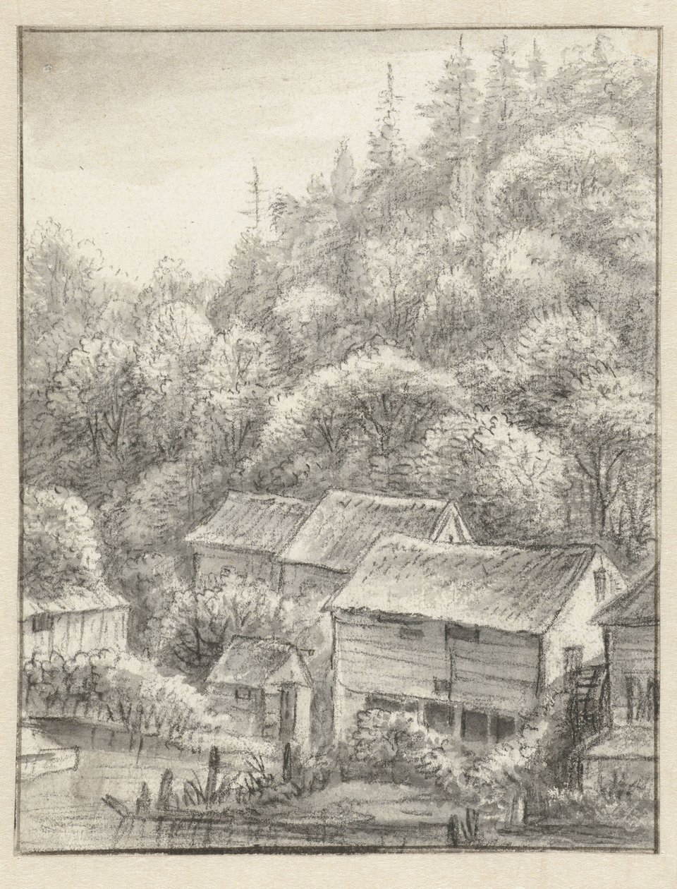 Houses Against a Wooded Slope by Anthonie Waterloo