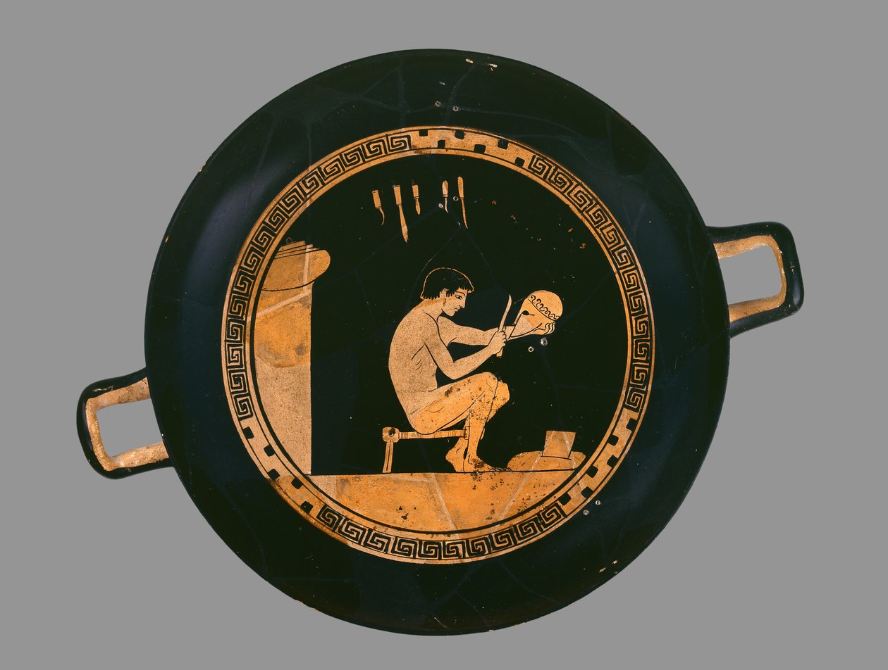 Attic Red-Figure Cup Depicting a Young Helmet-Maker, from Orvieto by Antiphon painter