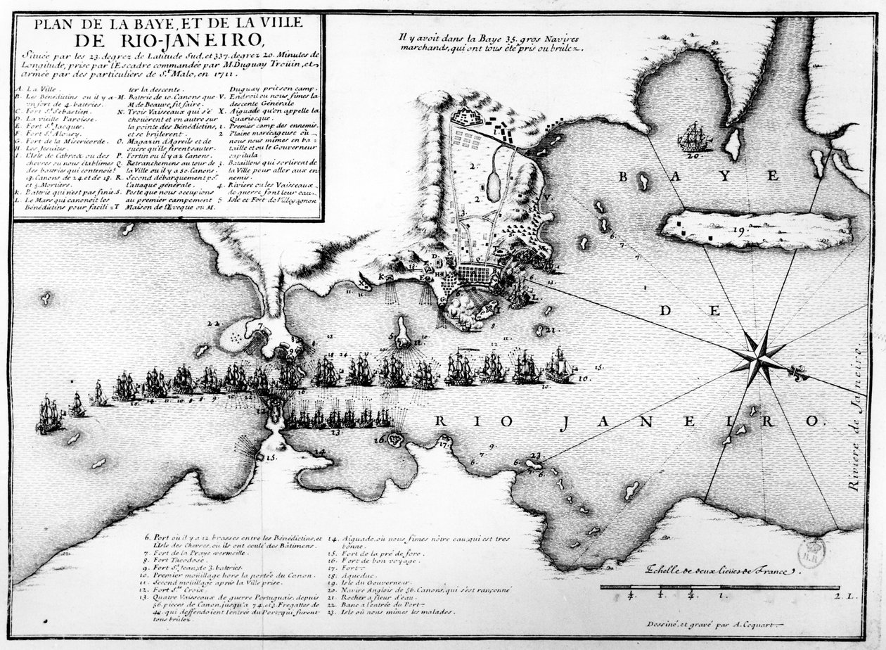 Plan of the Bay and City of Rio de Janeiro and the disposition of the French and Portuguese naval forces during the French attack under Duguay-Trouin in 1711, c.1730 by Antoine Coquart