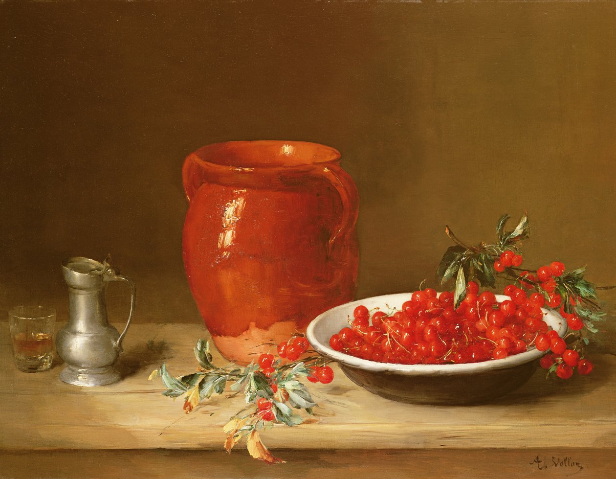 Still life of cherries in a bowl by Antoine Vollon