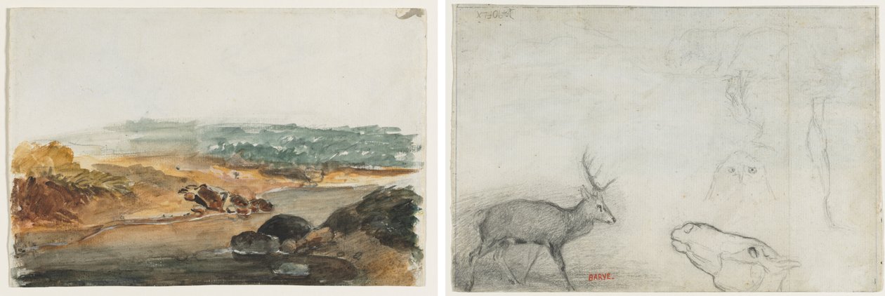 Landscape (recto); Studies of Animals (verso) by Antoine Louis Barye