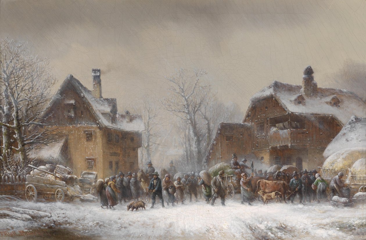 Bustling Activity in a Snowy Winter Village by Anton Doll