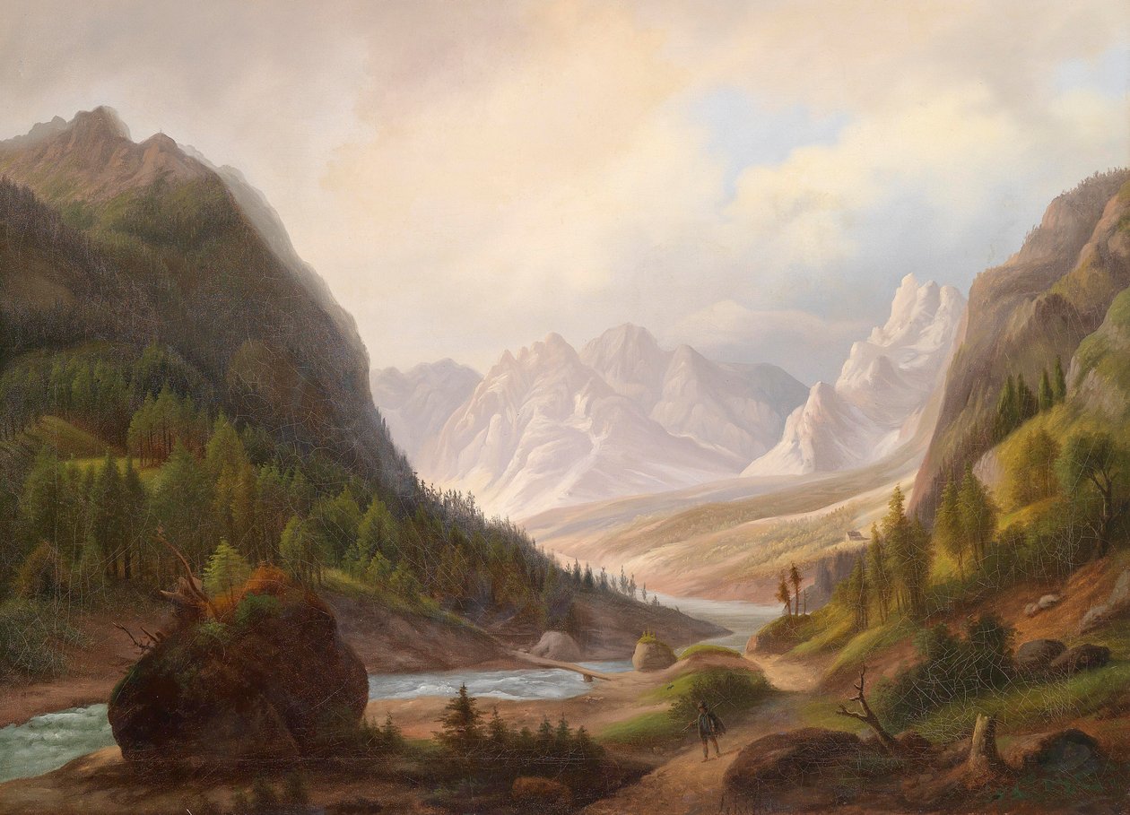 Wanderer in the Mountain Valley by Anton Schiffer