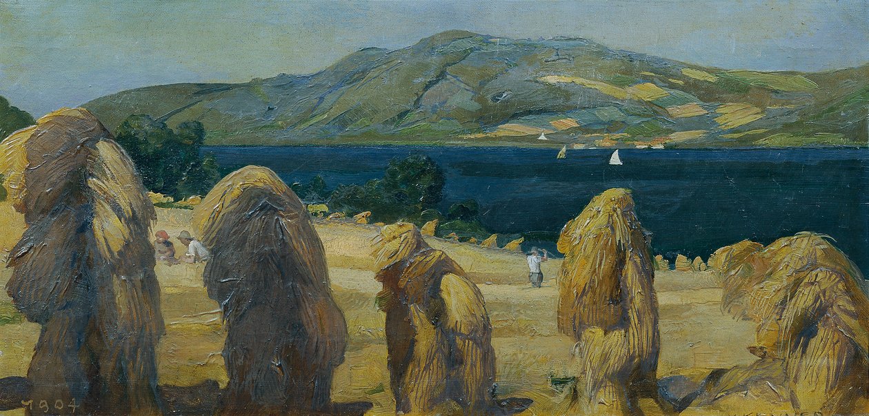 Attersee Landscape with Grain Stacks by Anton Josef von Kenner