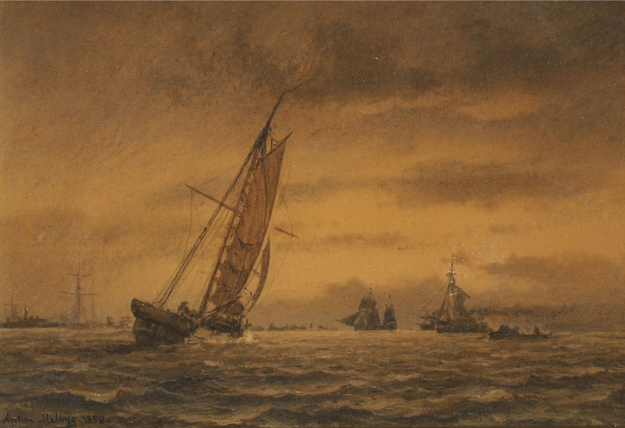 Numerous sailing ships at sea by Anton Melbye