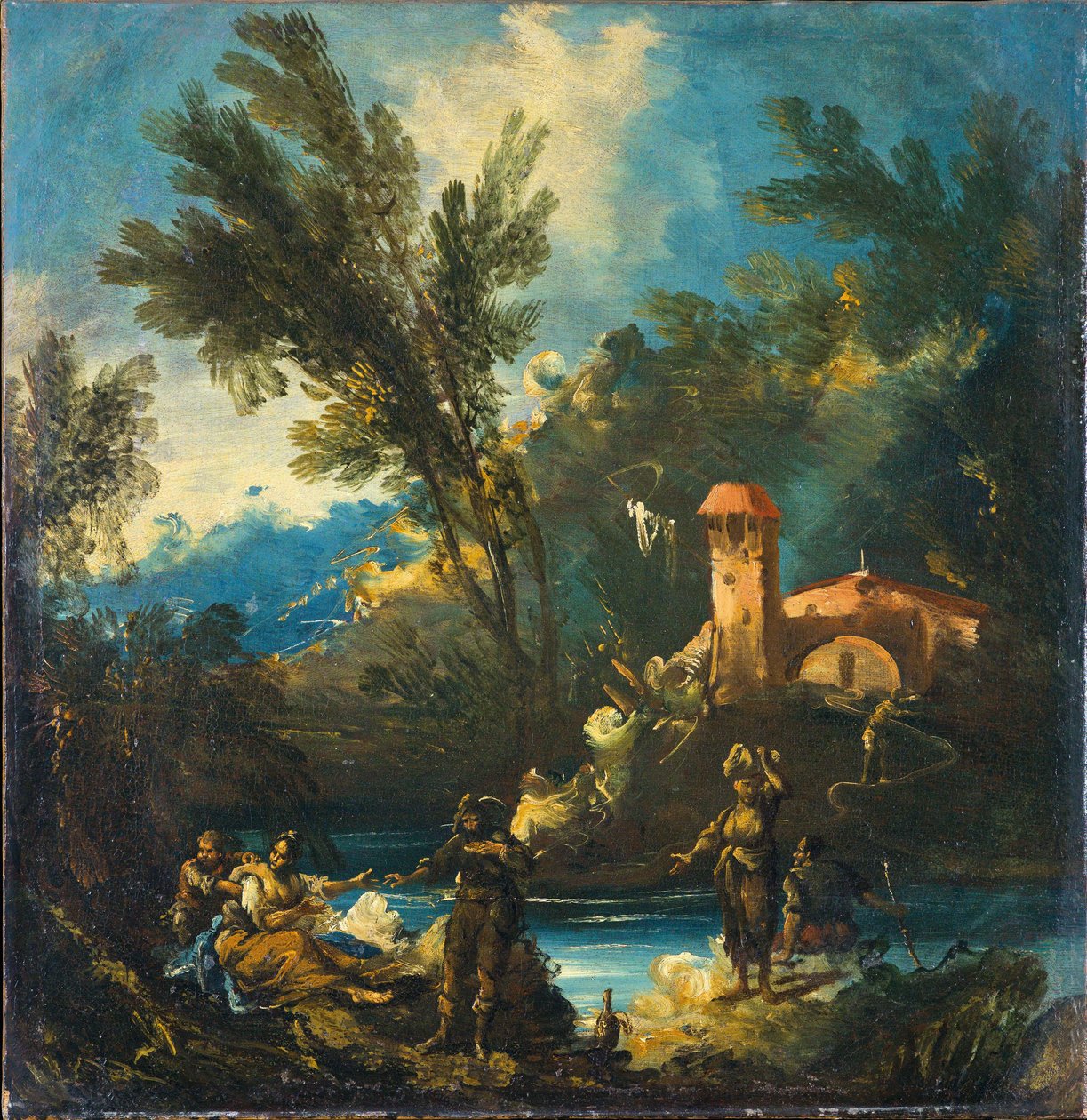 A Wooded River Landscape with Figures by Antonio Francesco Peruzzini