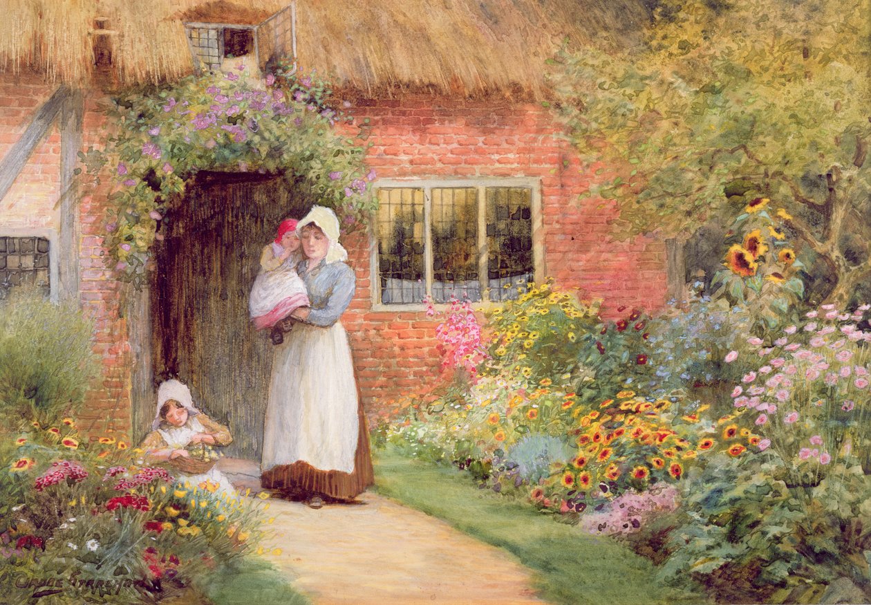 Mother and Children Outside a Cottage by Arthur Claude Strachan