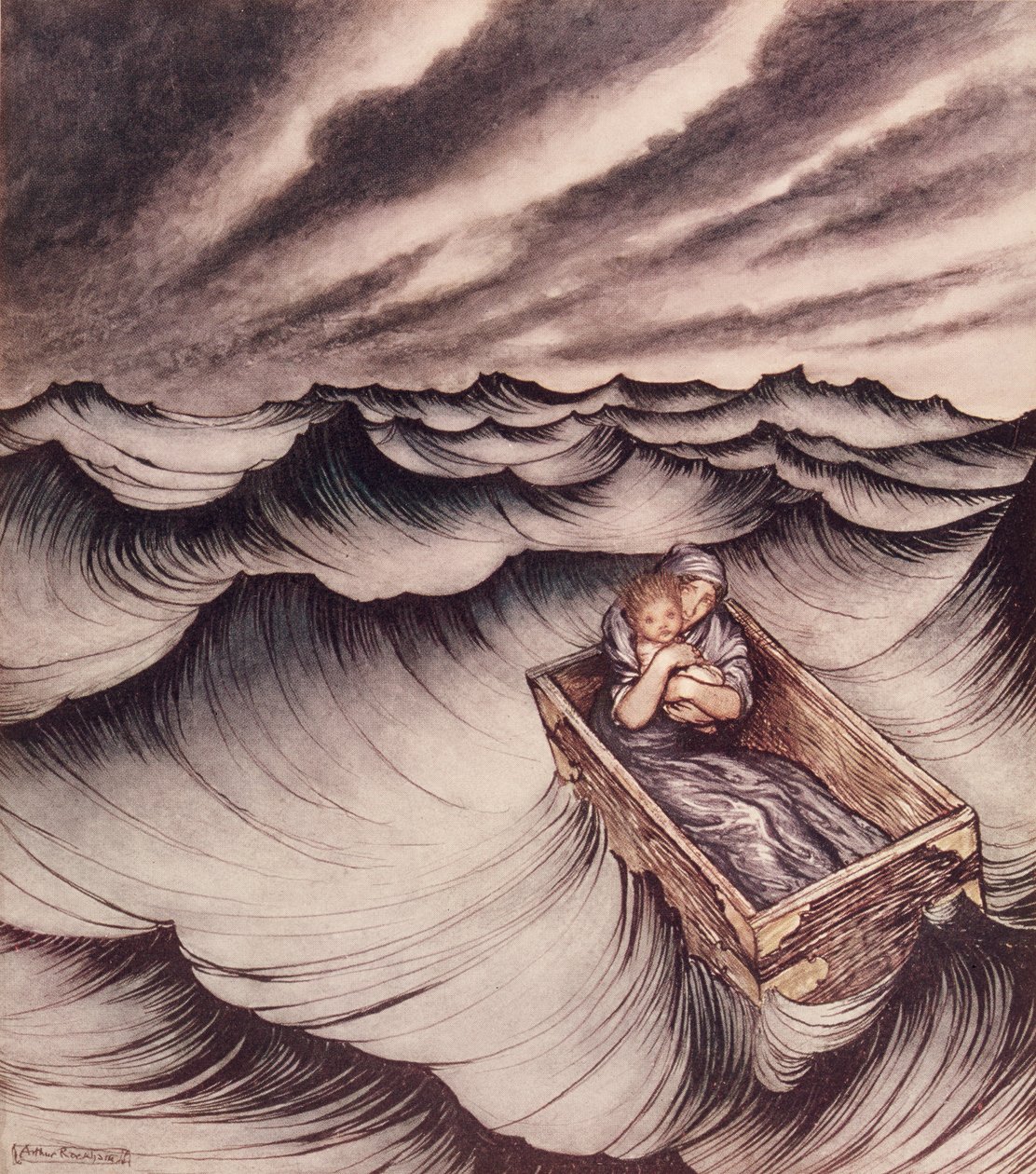 Danae and her son Perseus put in a chest and cast into the sea, 1914 by Arthur Rackham