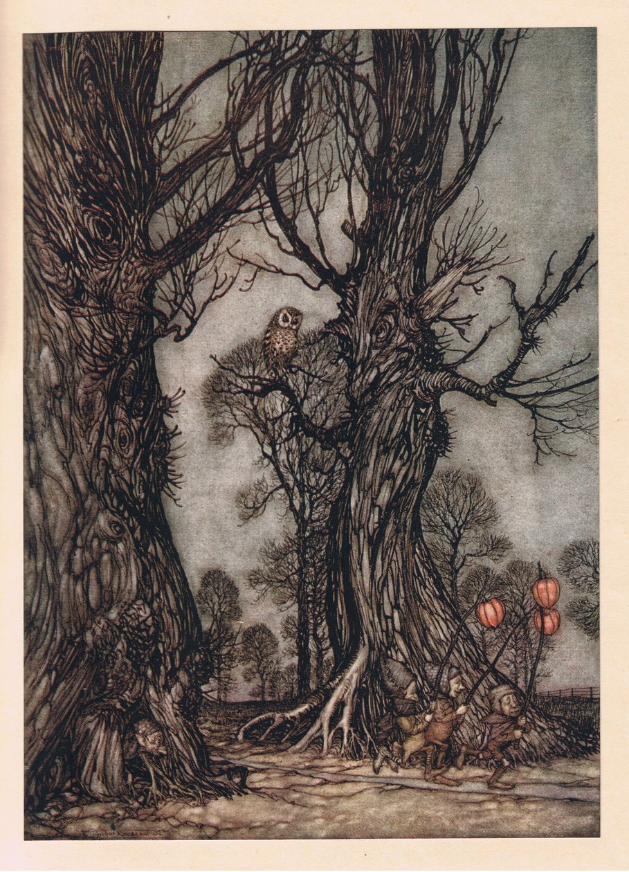 Linkmen in front carrying winter cherries by Arthur Rackham