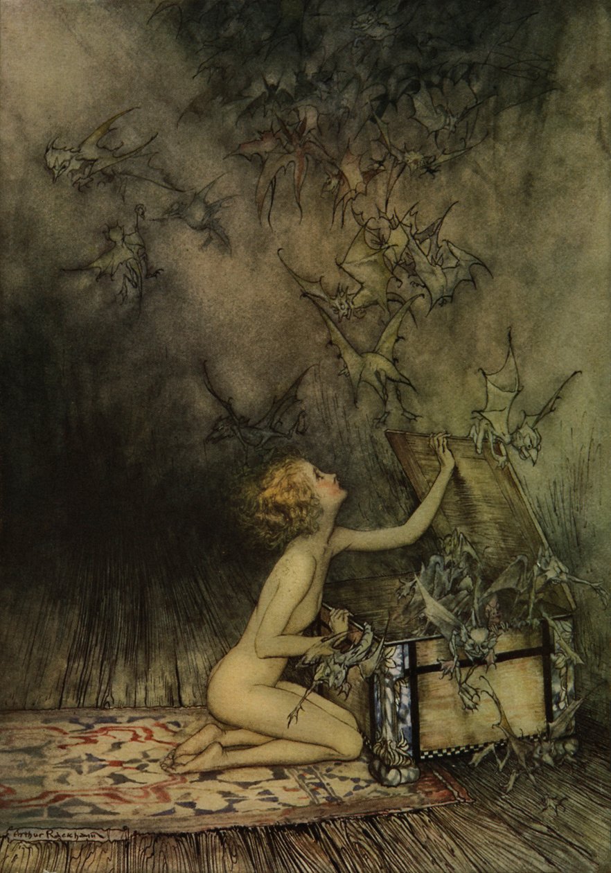 Young Girl and Bat-like Creature by Arthur Rackham