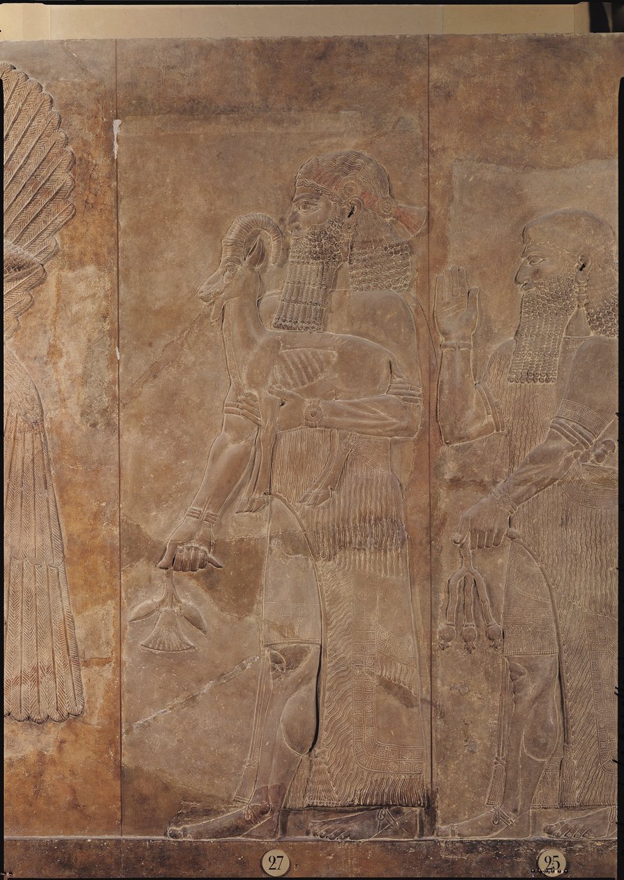 Relief depicting Sargon II (721-705 BC) or a priest carrying a sacrificial gazelle, from the Palace of Sargon II at Khorsabad, Iraq by Assyrian