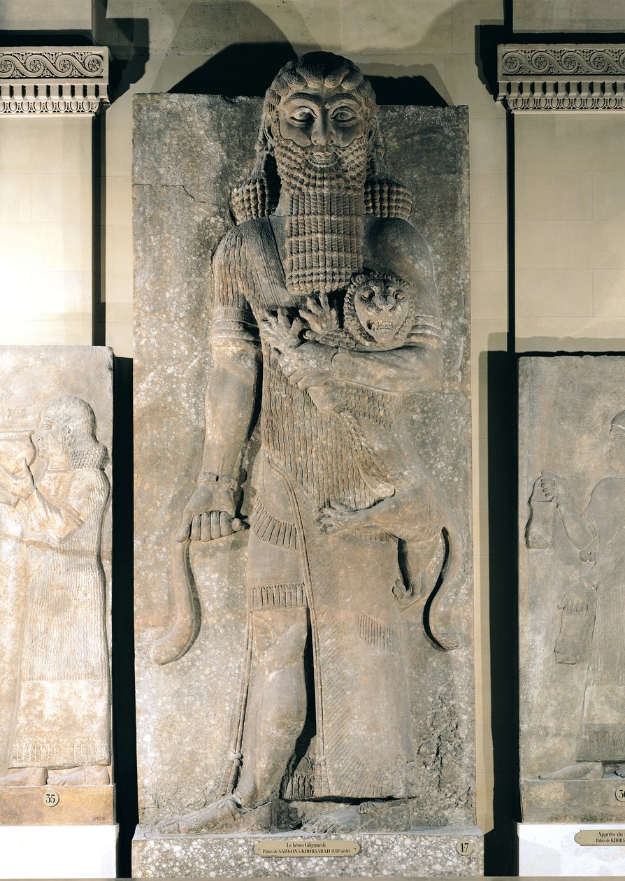 The hero Gilgamesh holding a lion that he has captured, stone relief from the Palace of Sargon II at Khorsabad (Iraq), c.725 BC by Assyrian School