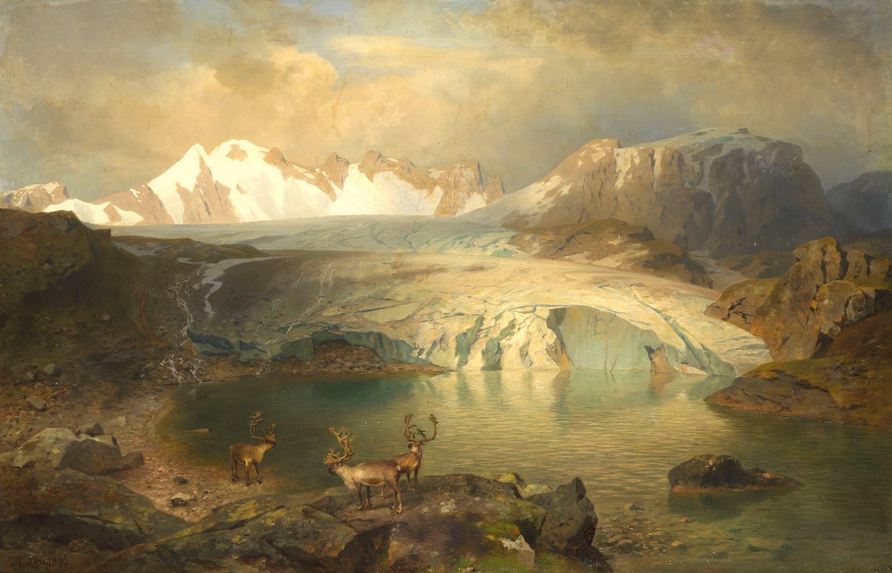 Fjord Landscape with Glacier and Reindeer by August Wilhelm Leu