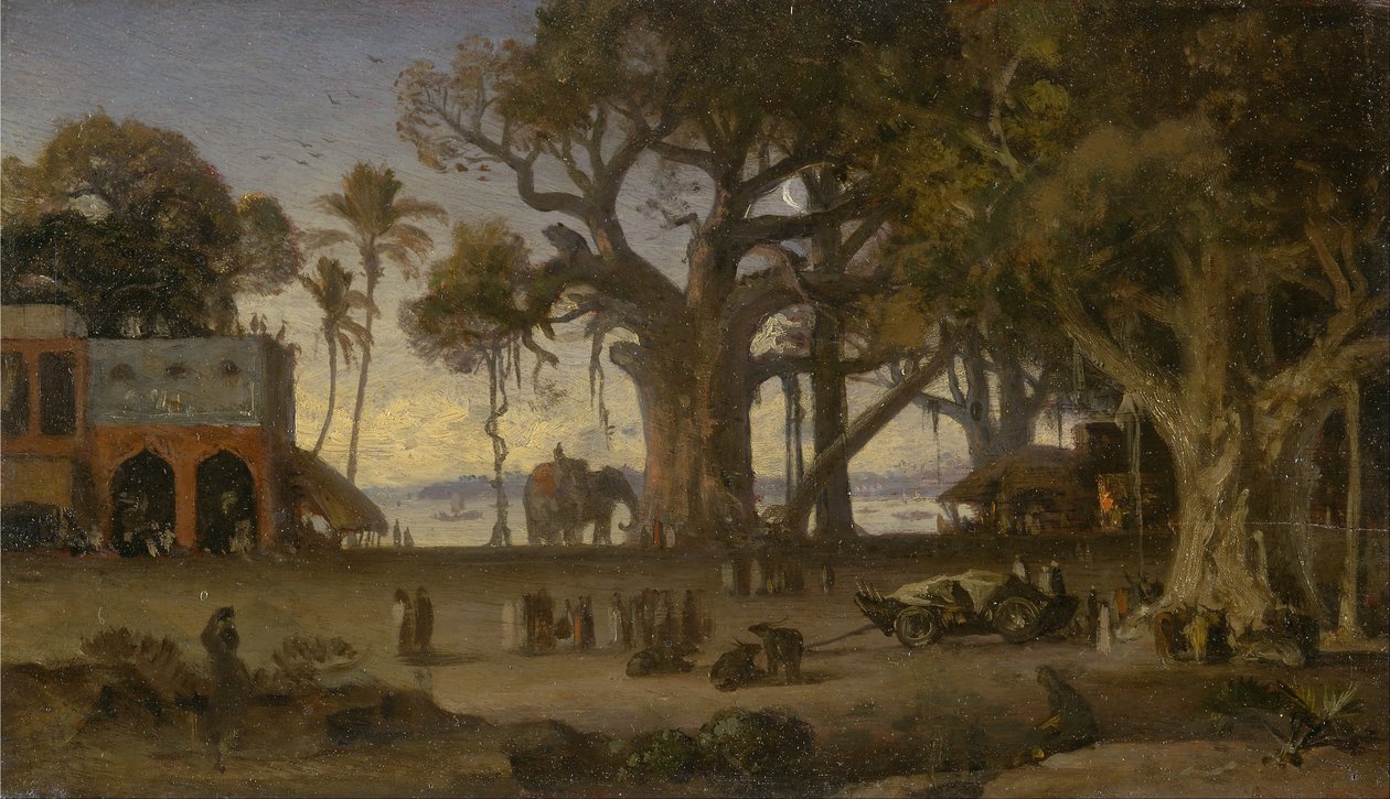 Moonlit Scene of Indian Figures and Elephants among Banyan Trees, Upper India by Auguste Borget