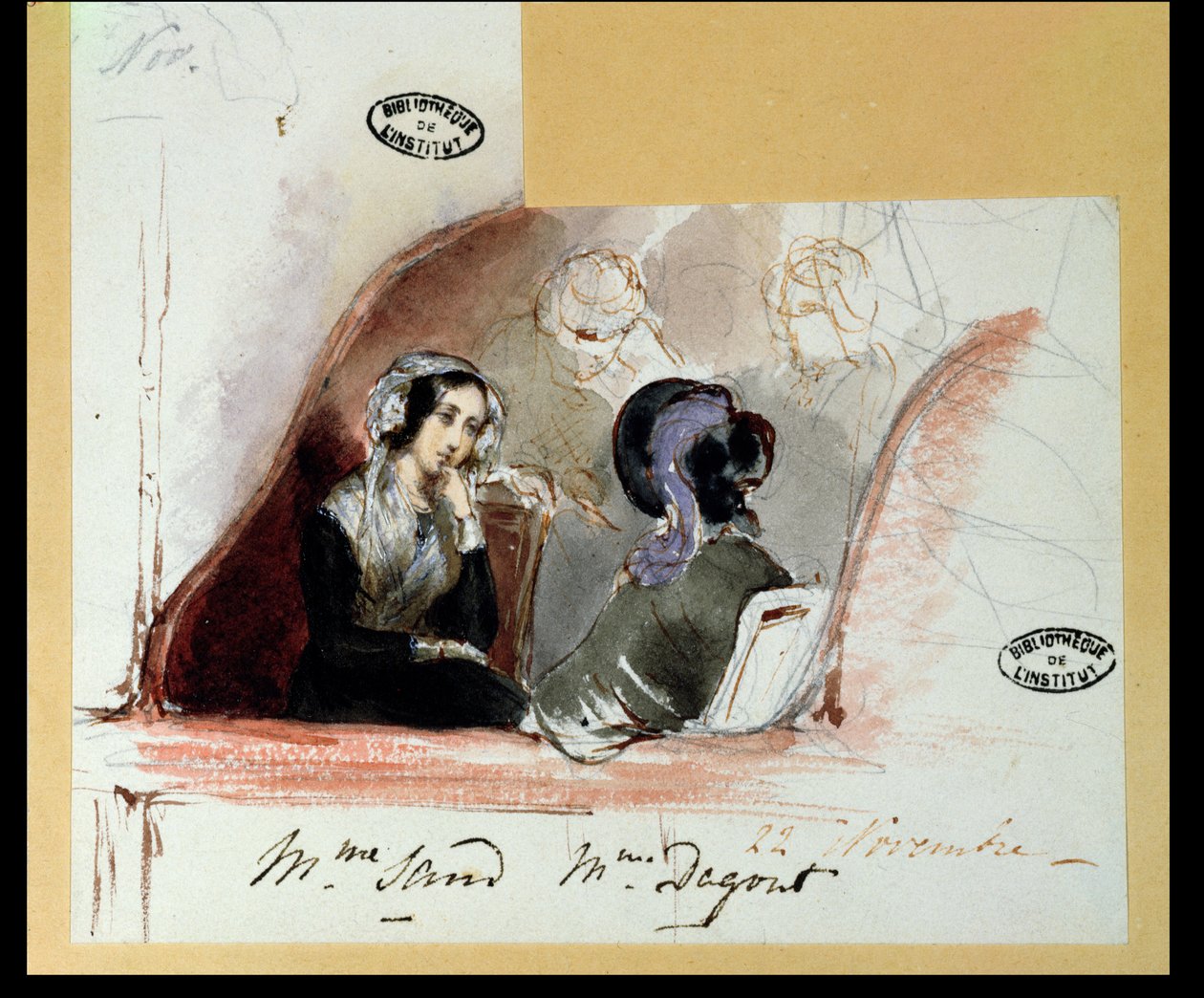 George Sand and Marie de Flavigny, Countess of Agoult, at the Comedie Francaise by Auguste Odier