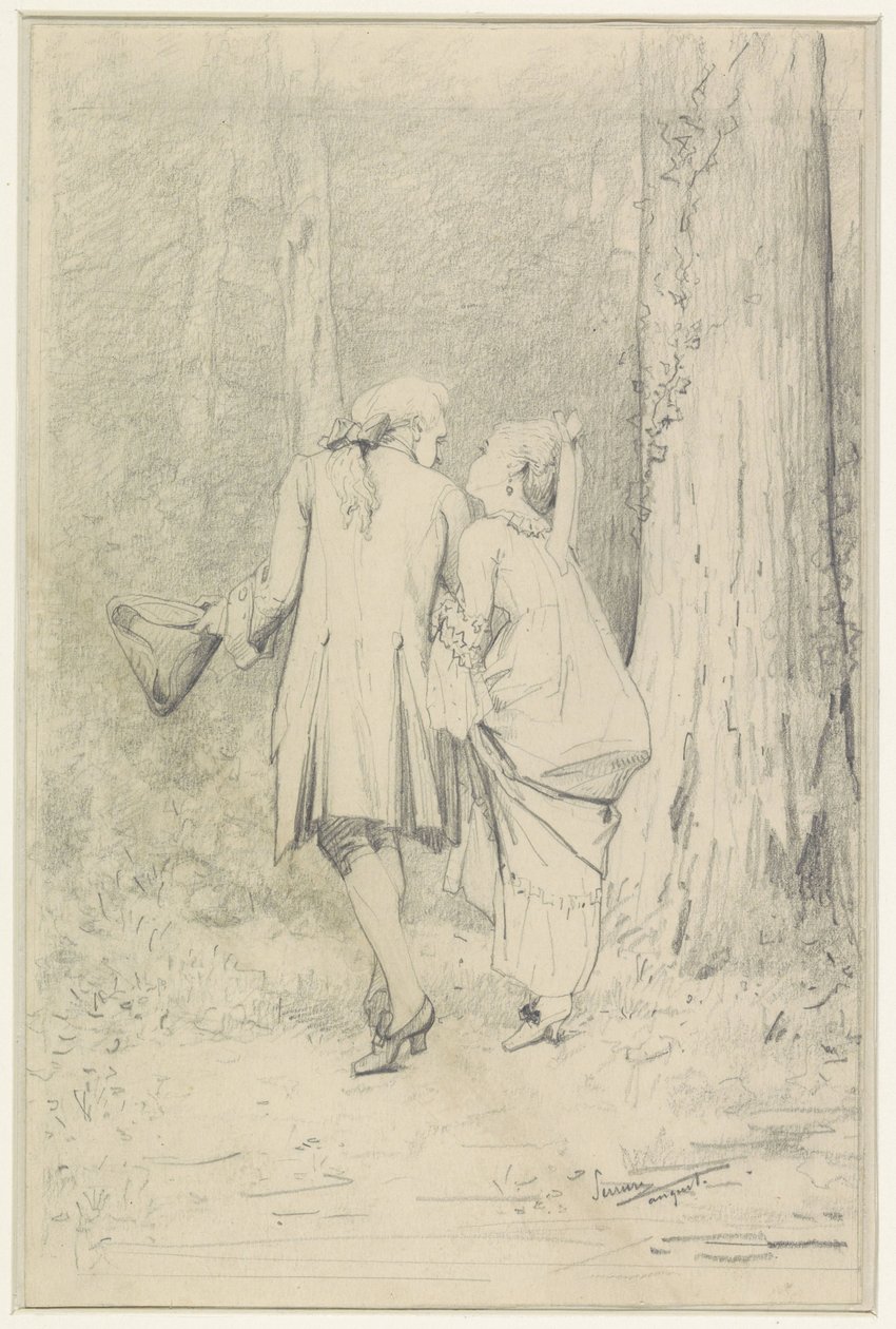 Walking Couple in Forest by Auguste Serrure