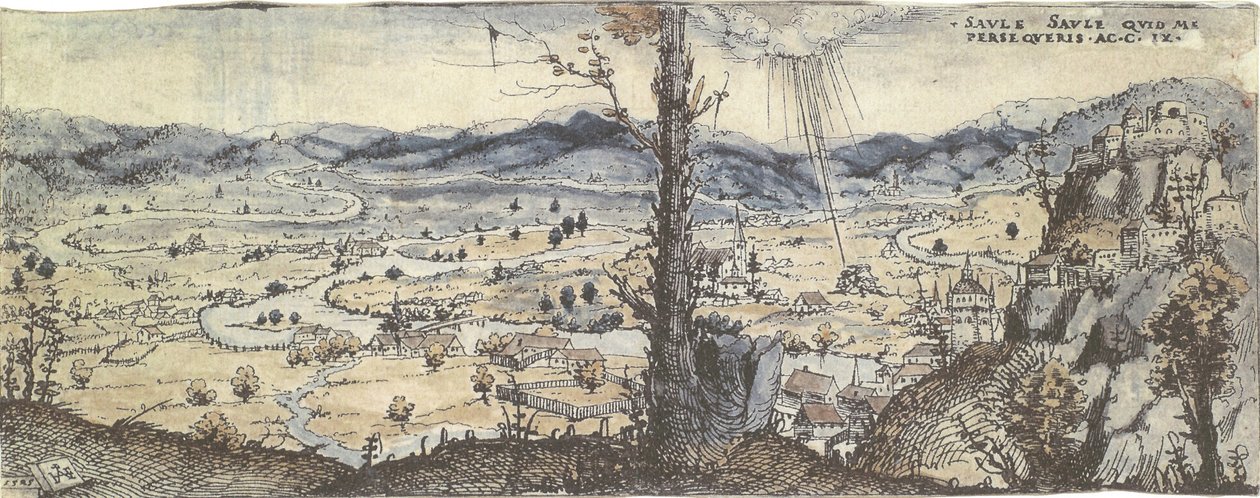 Wide Landscape with a River. In the Distance the Conversion of Paul by Augustin Hirschvogel