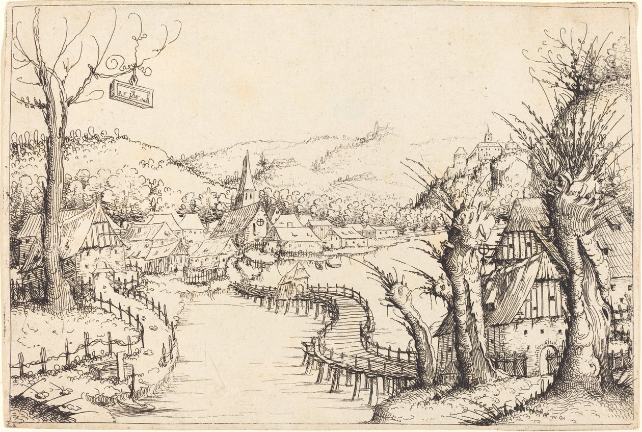 River Landscape with Wooden Bridge by Augustin Hirschvogel