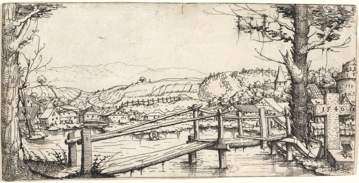 River Landscape with a Footbridge by Augustin Hirschvogel