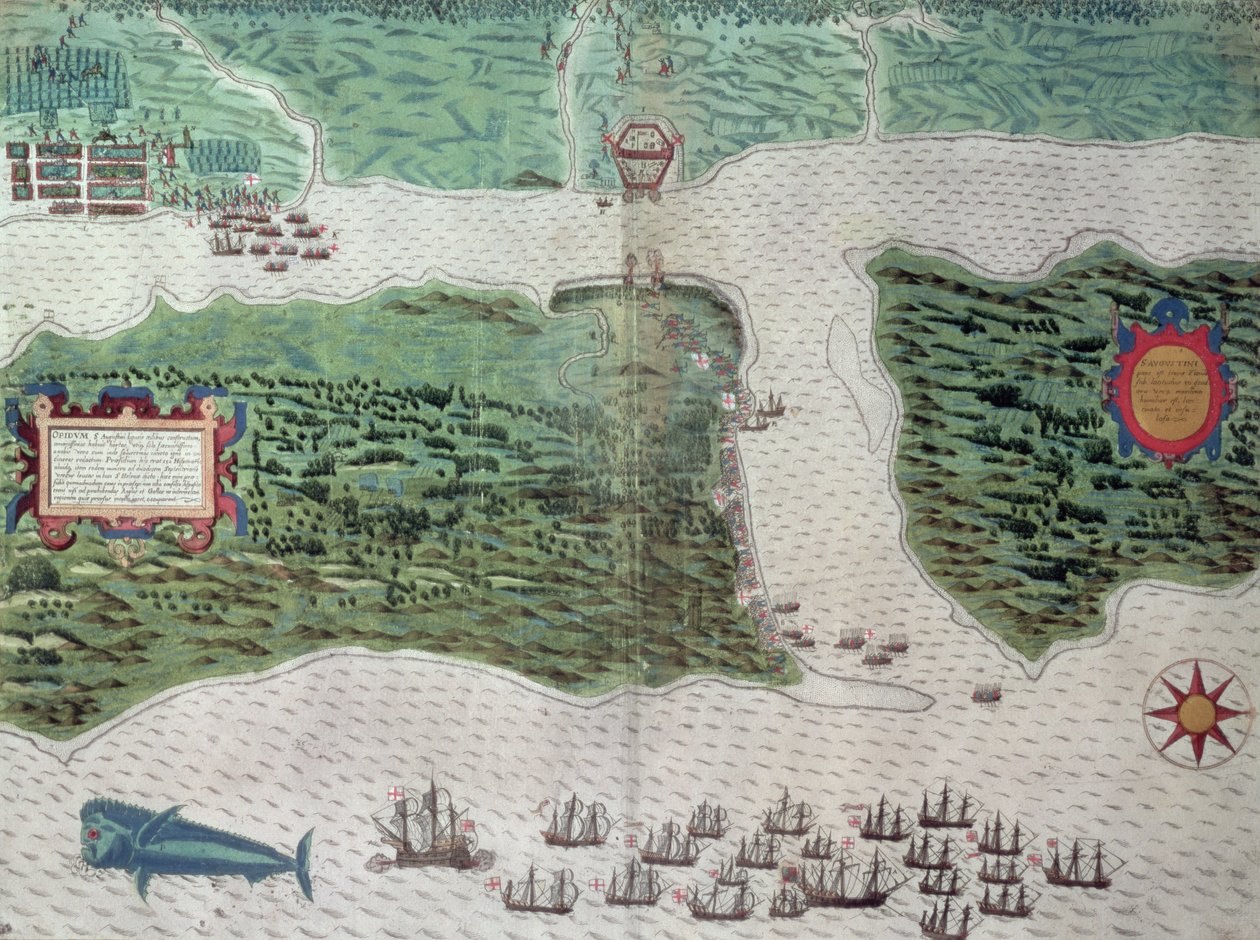 Map Depicting the Destruction of the Spanish Colony of St. Augustine in Florida on 7th July 1586 by the English Fleet Commanded by Sir Francis Drake by Baptista Boazio