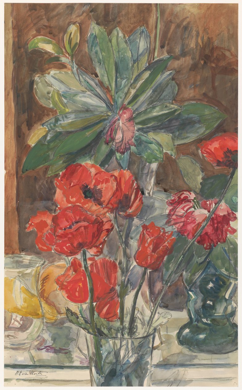 Flower Study of Poppies and Rhododendrons by Barbara Elisabeth van Houten