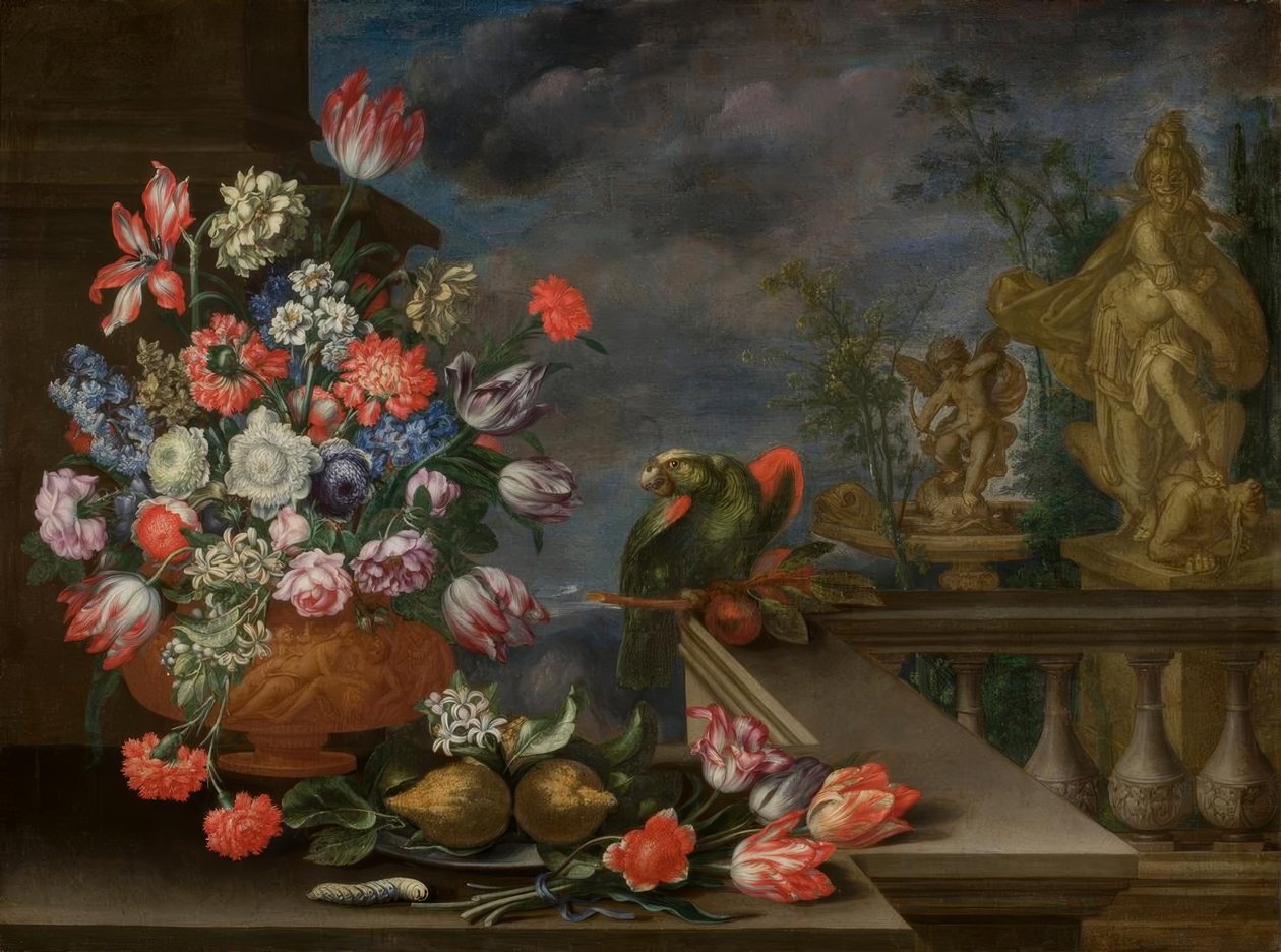 Still Life with Flower Vase, Citrus Fruits, Parrot, and Fountain Sculpture by Bartolomeo Ligozzi