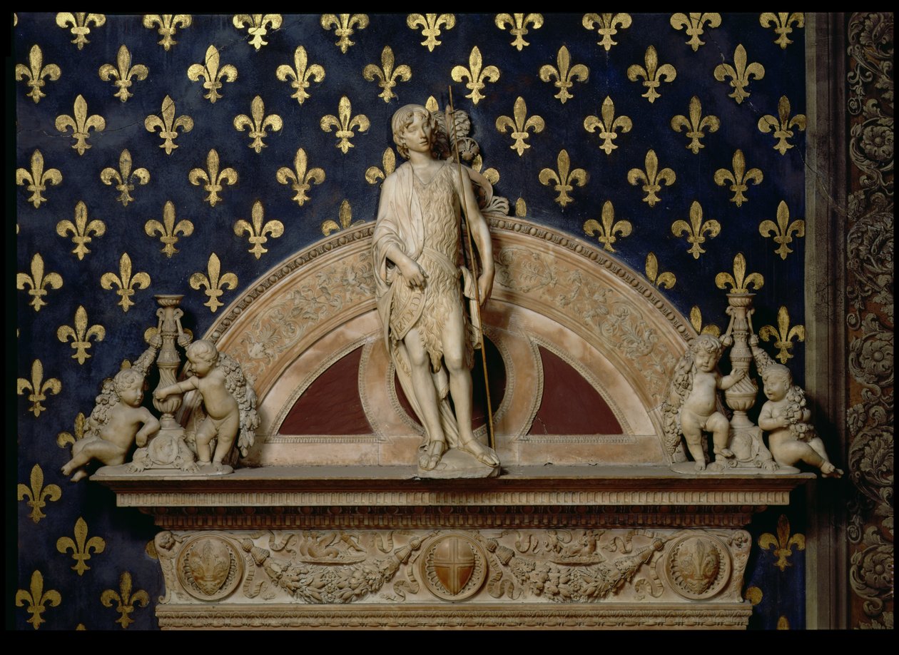 St. John the Baptist Flanked by Two Candlesticks (1470) by Benedetto da Maiano