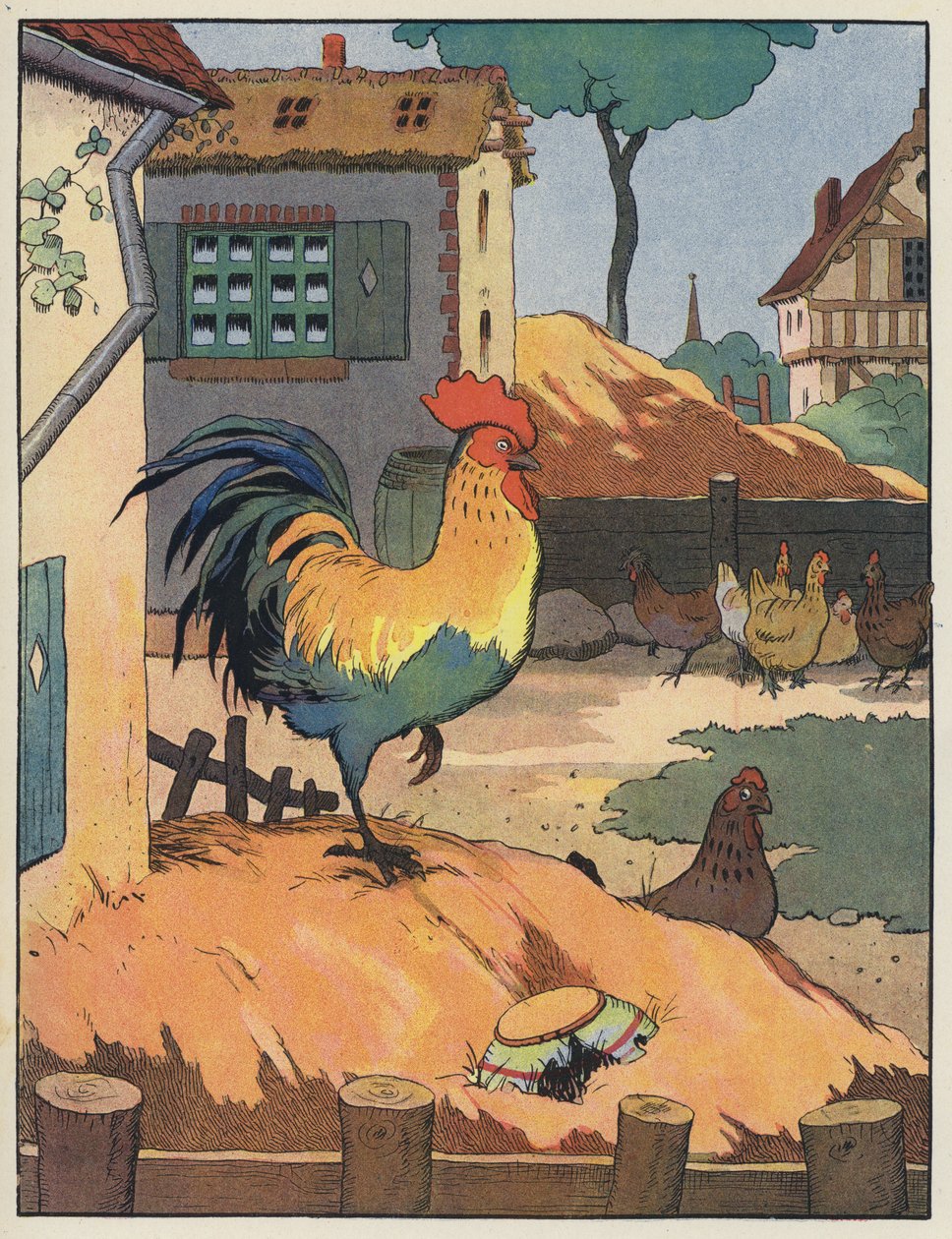 Cockerel and Hens in a Farmyard by Benjamin Rabier