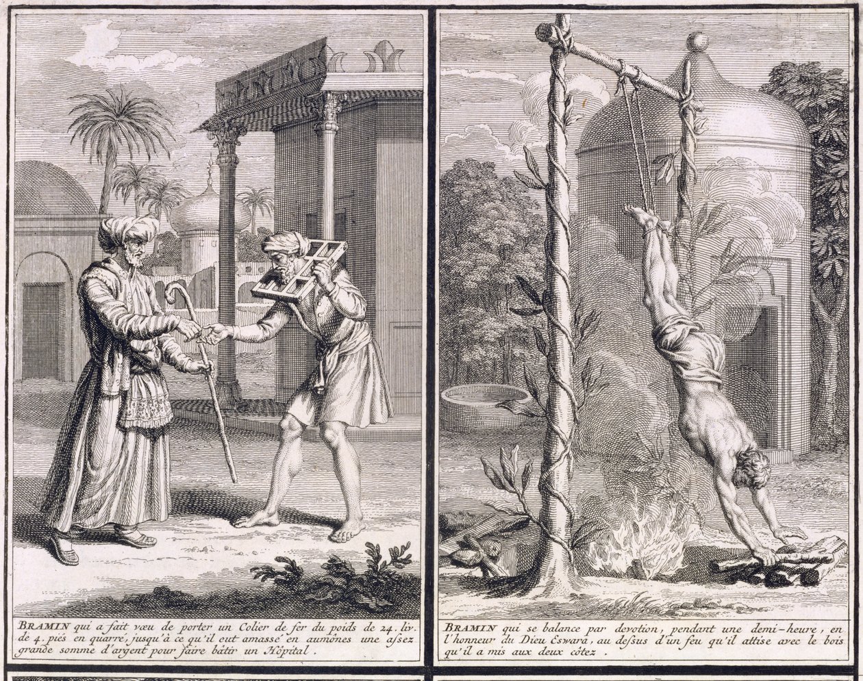 A Brahmin who wears an iron collar to raise funds for a hospital and a Brahmin suspended over a fire in devotion, illustrations from 