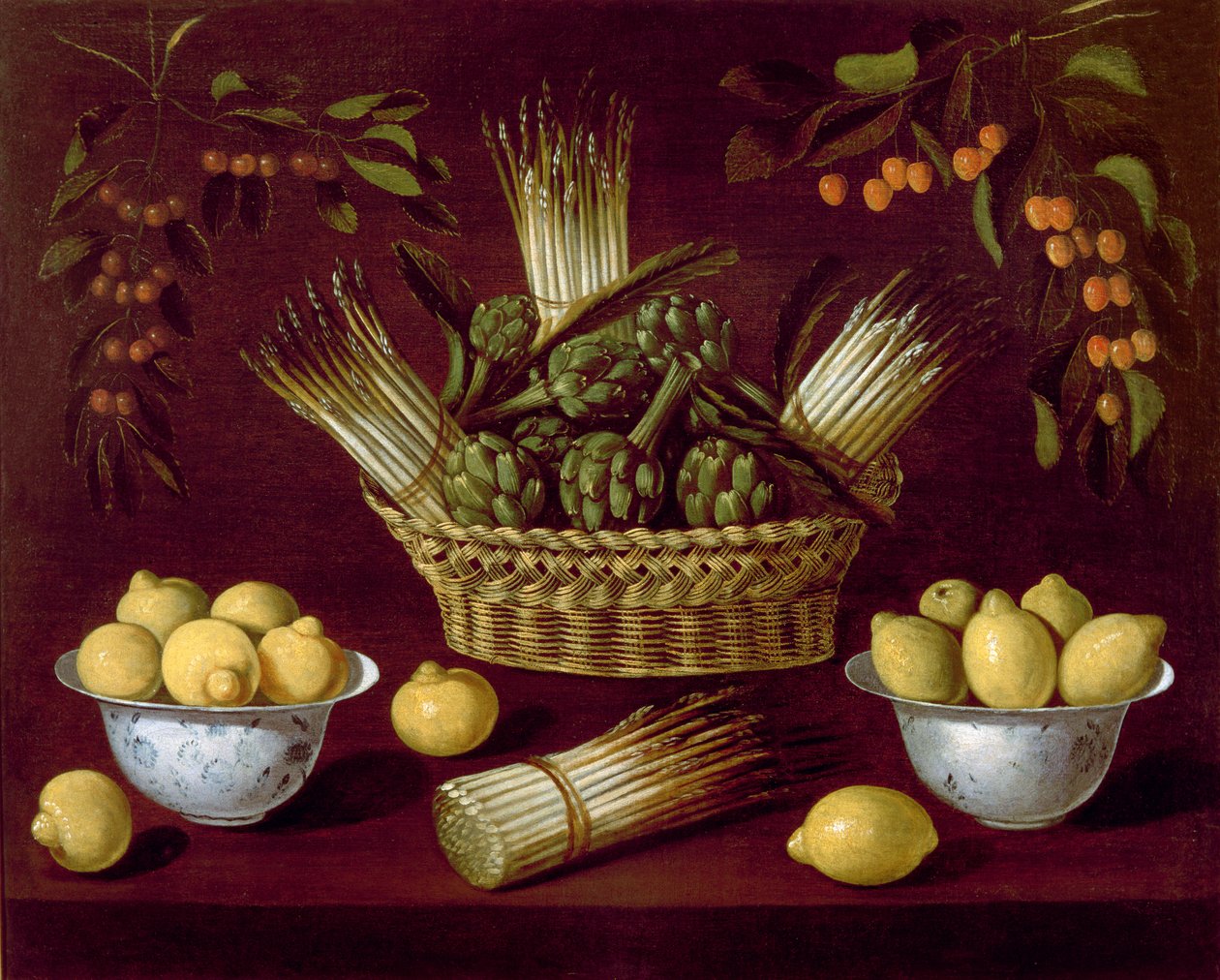 Still Life with Asparagus, Artichokes, Lemons and Cherries by Blas de Ledesma