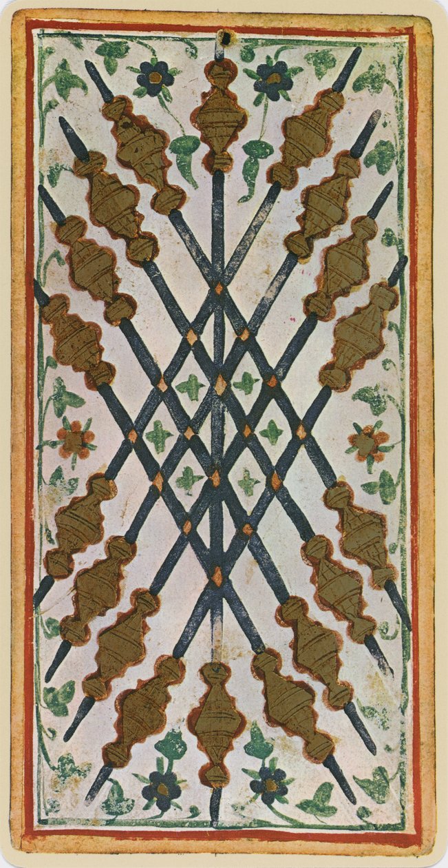 The Nine of Wands, facsimile of a tarot card from the 