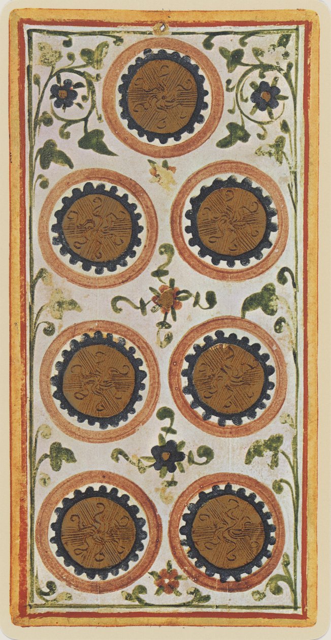 The Seven of Coins, facsimile of a tarot card from the 