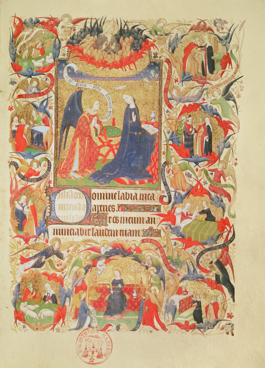 Ms 469 f.13 Annunciation with Episodes from the Life of the Virgin by Boucicaut Master