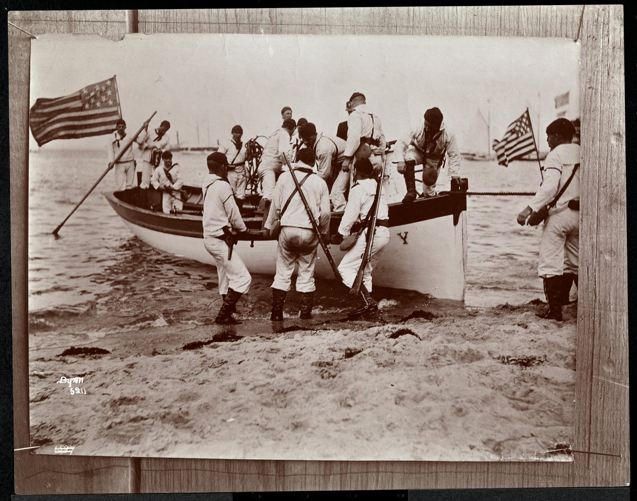 Copyphotograph of an Earlier Photo of the Naval Reserves with Group of Sailors in a Rowing Boat, Fishers Island, New York, 1891 by Byron Company