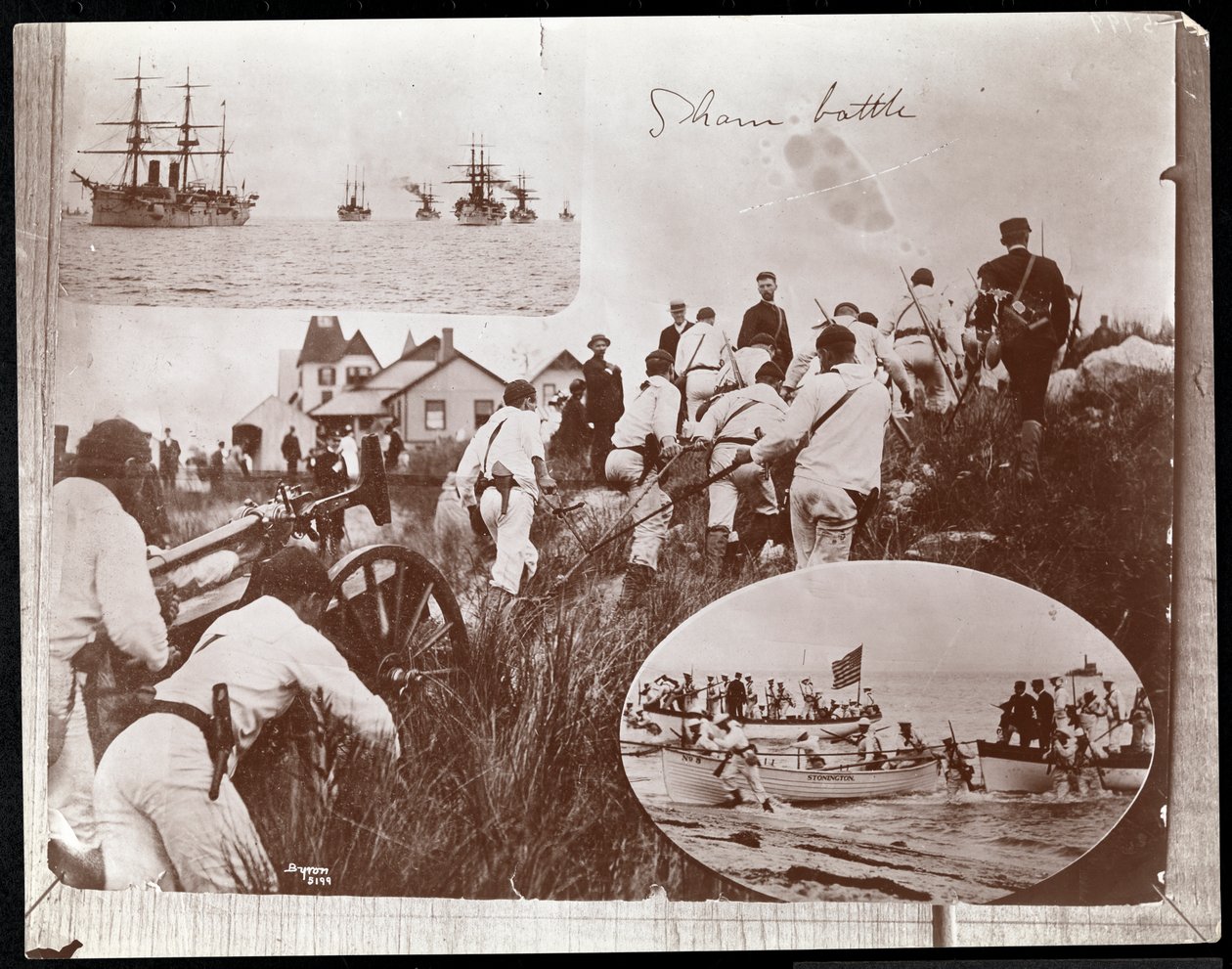 Copyphotograph of an earlier photomontage of three images of the Naval Reserves at Fishers Island, 1891 by Byron Company