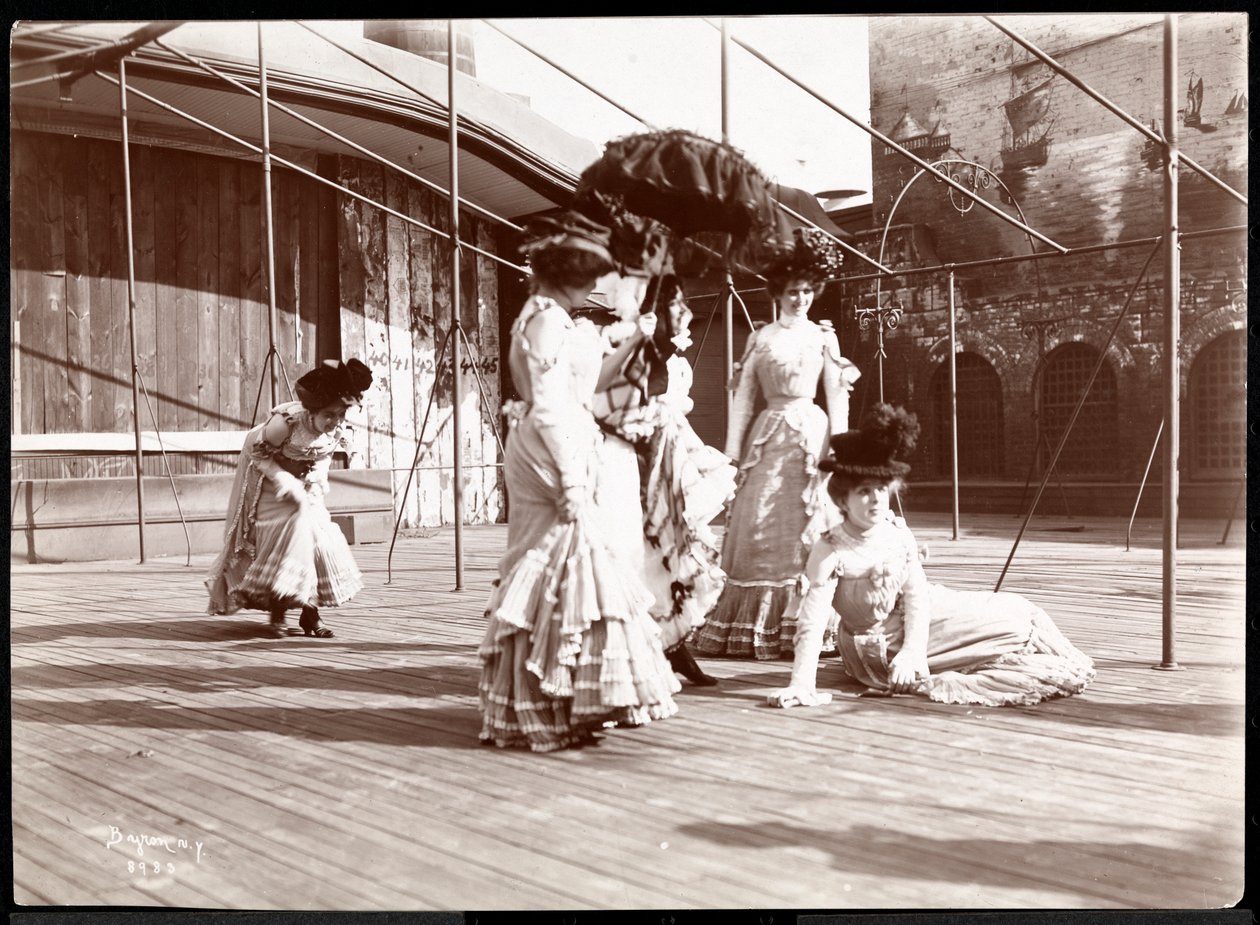 Five actresses in costume rehearsing on the roof of what is probably the New York Theatre, New York by Byron Company