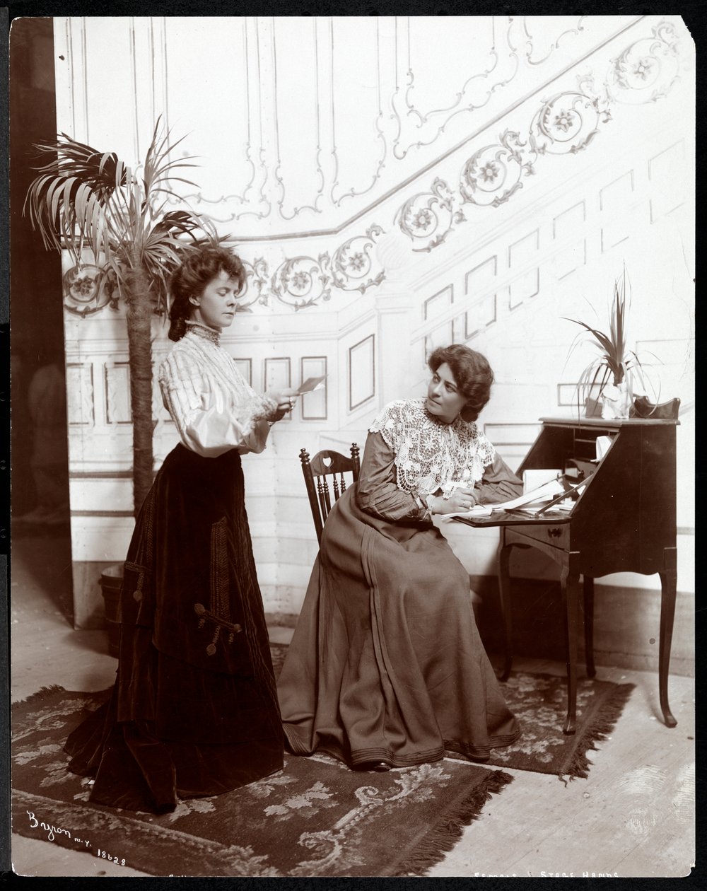 Two Female Stage Hands on a Stage Set, Acting, New York, 1904 by Byron Company