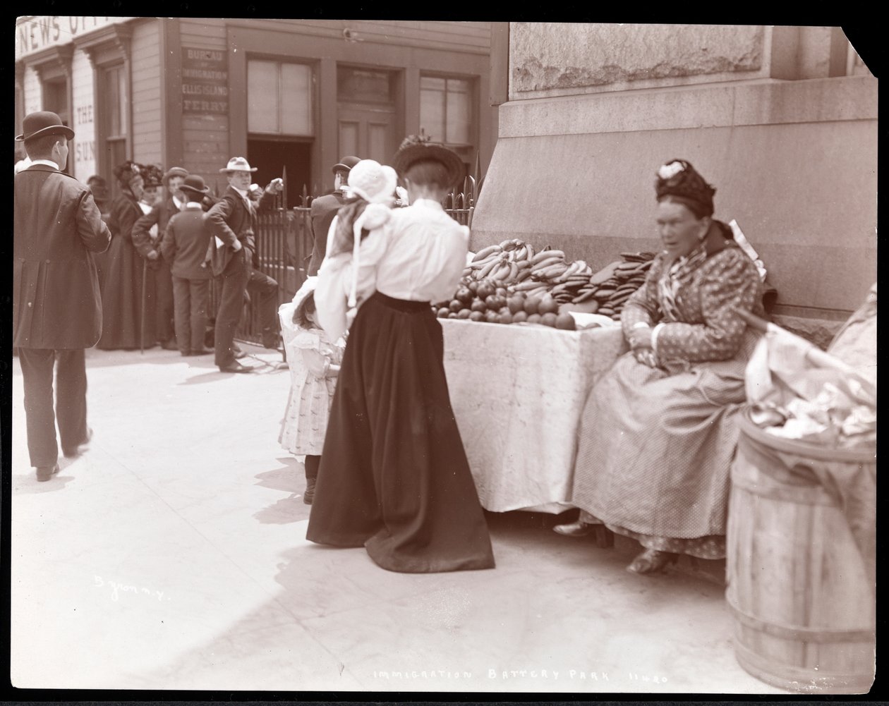 View of a Fruit Peddler at Battery Park, Presumably Awaiting Immigrants from Ellis Island, New York by Byron Company