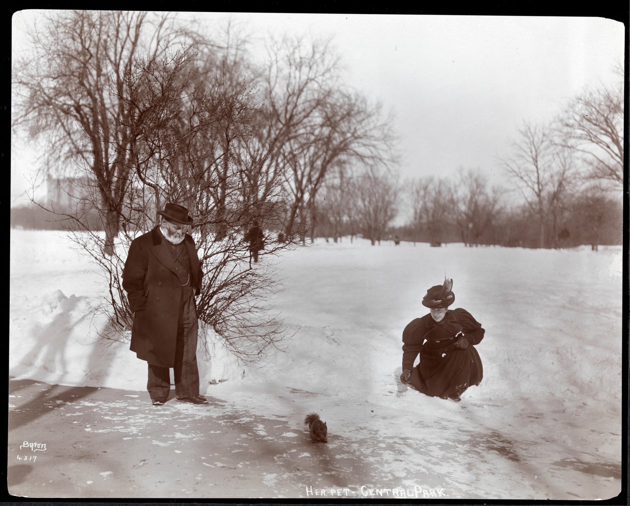 View of a Woman Feeding a Squirrel While a Man Looks On in the Snow at Central Park, New York by Byron Company